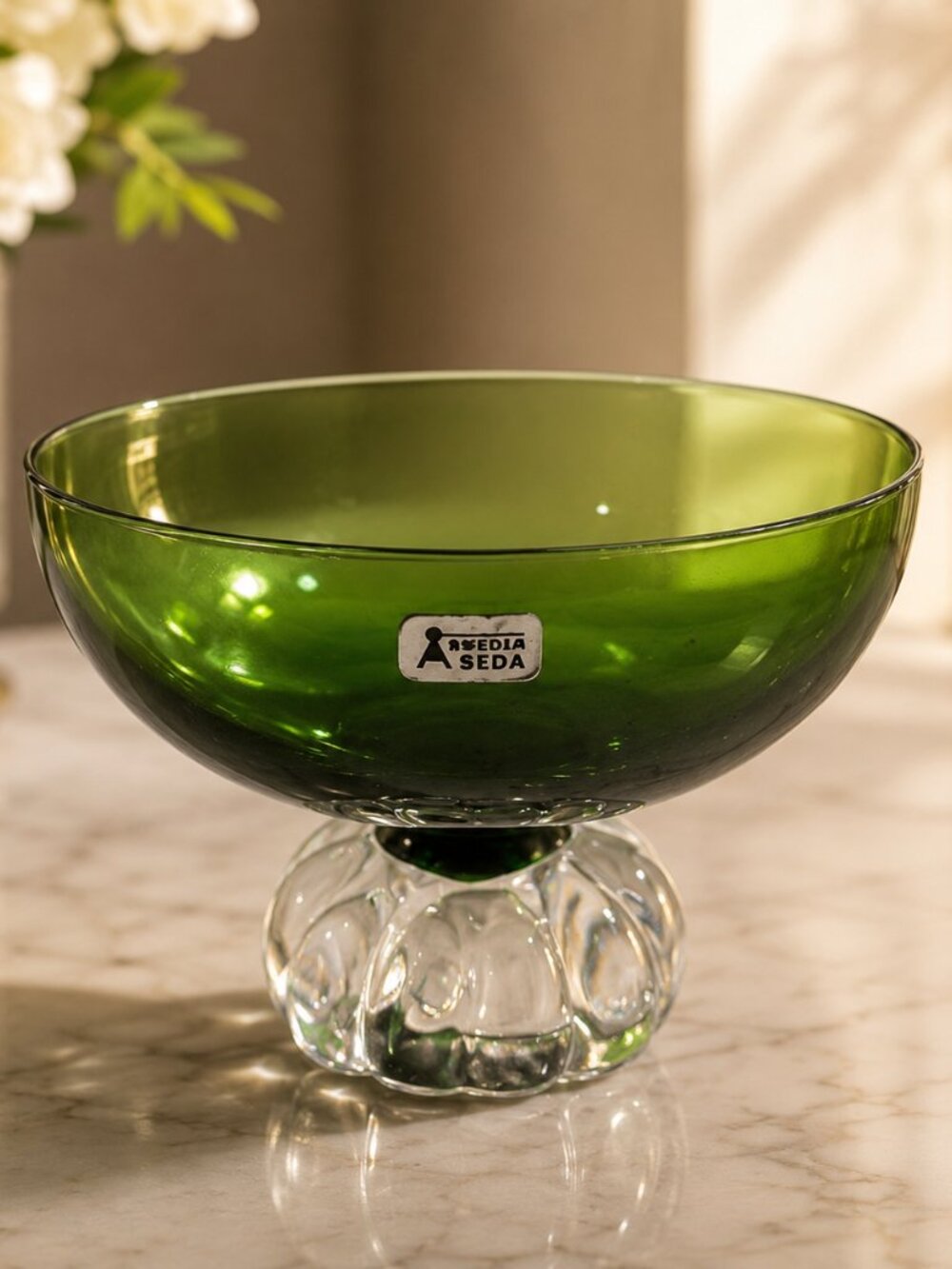 1960s ASEDA SWEDEN Green Glass Sherbet Dessert Footed Dish Mid Century Crystal